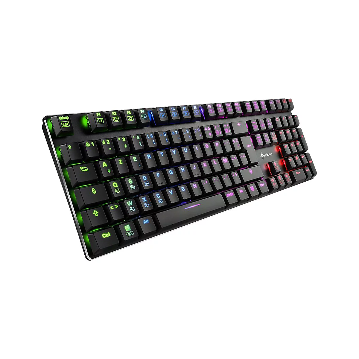 Schwarze Gaming-Tastatur mit AZERTY-Layout und mehrfarbiger RGB-Beleuchtung auf weißem Hintergrund.