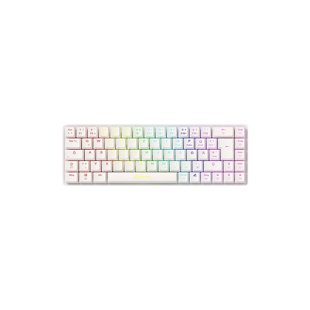 Draufsicht auf eine weiße mechanische Tastatur mit Regenbogen-Hintergrundbeleuchtung. Die Tasten sind beschriftet, mit Buchstaben, Zahlen und Sonderzeichen.