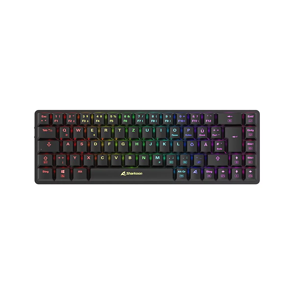 Schwarze Sharkoon Gaming-Tastatur im kompakten 60-Prozent-Layout mit bunter RGB-Beleuchtung auf weißem Hintergrund.