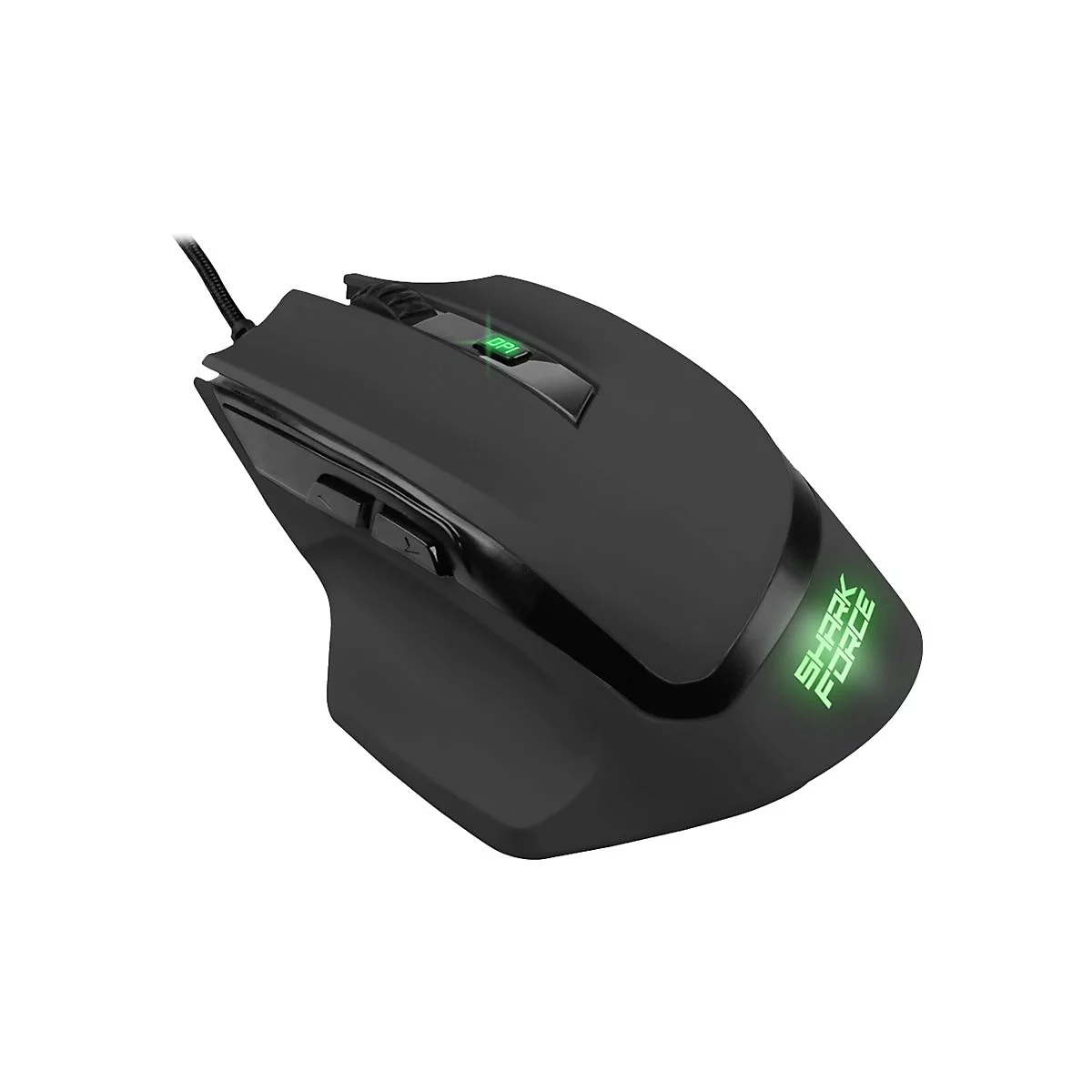 Schwarze Gaming-Maus mit grün leuchtendem Shark-Force-Schriftzug und DPI-Taste vor weißem Hintergrund.
