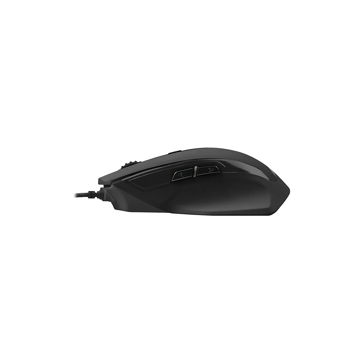 Schwarze kabelgebundene Gaming-Maus in Seitenansicht vor weißem Hintergrund.