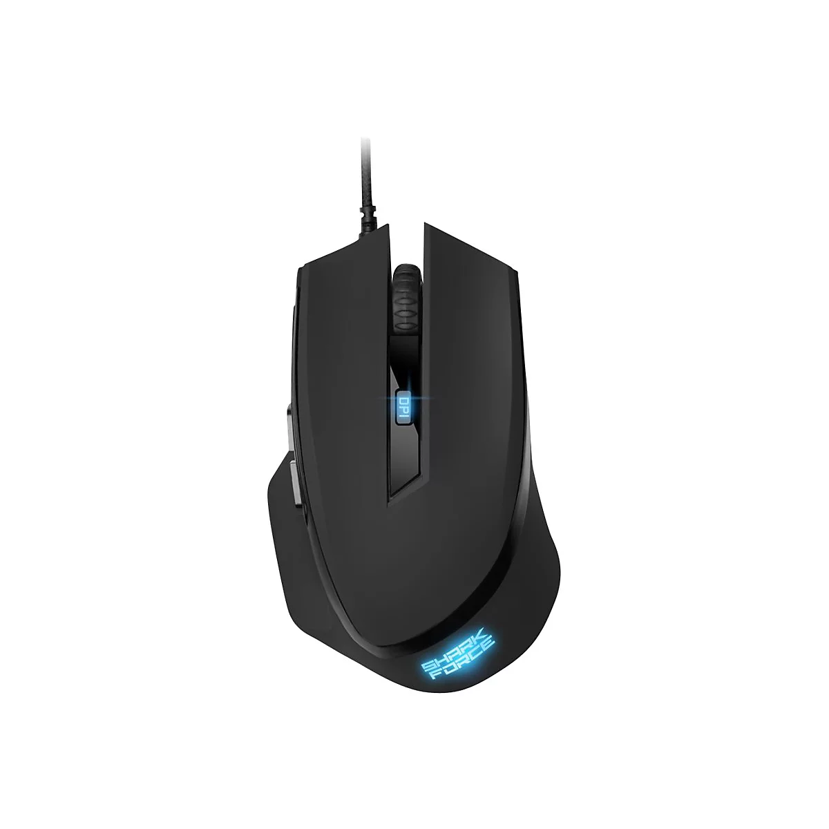 Schwarze Gaming-Maus mit blau beleuchtetem Shark Force Schriftzug und DPI-Taste vor weißem Hintergrund.