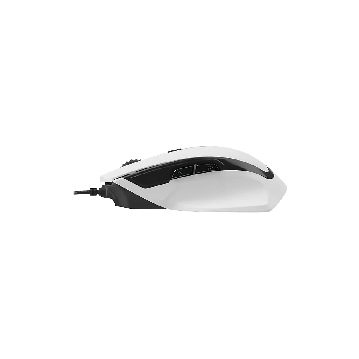 Weiße Gaming-Maus mit schwarzem Kabel und zwei seitlichen Tasten, isoliert vor weißem Hintergrund.