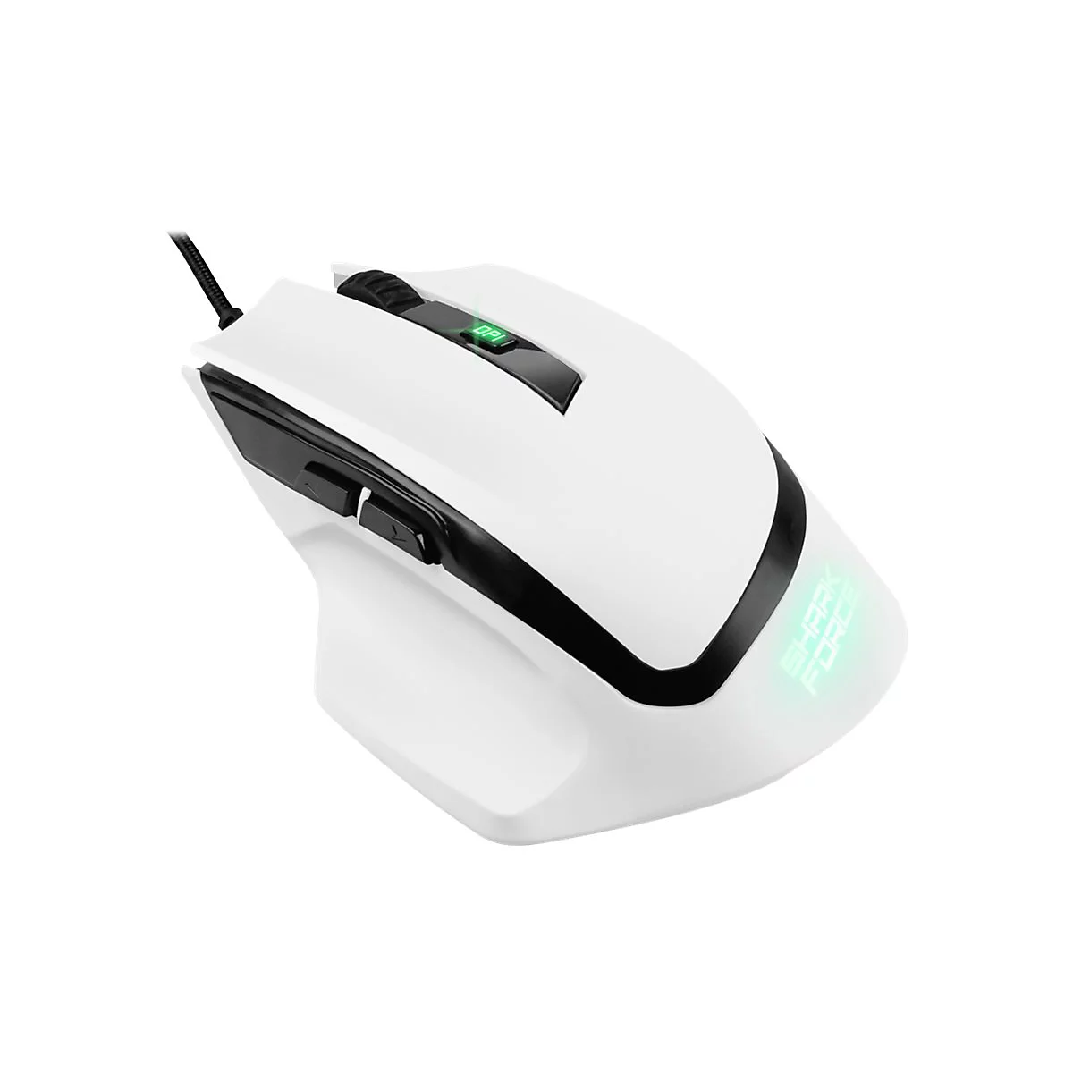 Weiße Gaming-Maus mit schwarzem Kabel, DPI-Taste und leuchtendem Shark Force Logo auf weißem Hintergrund.