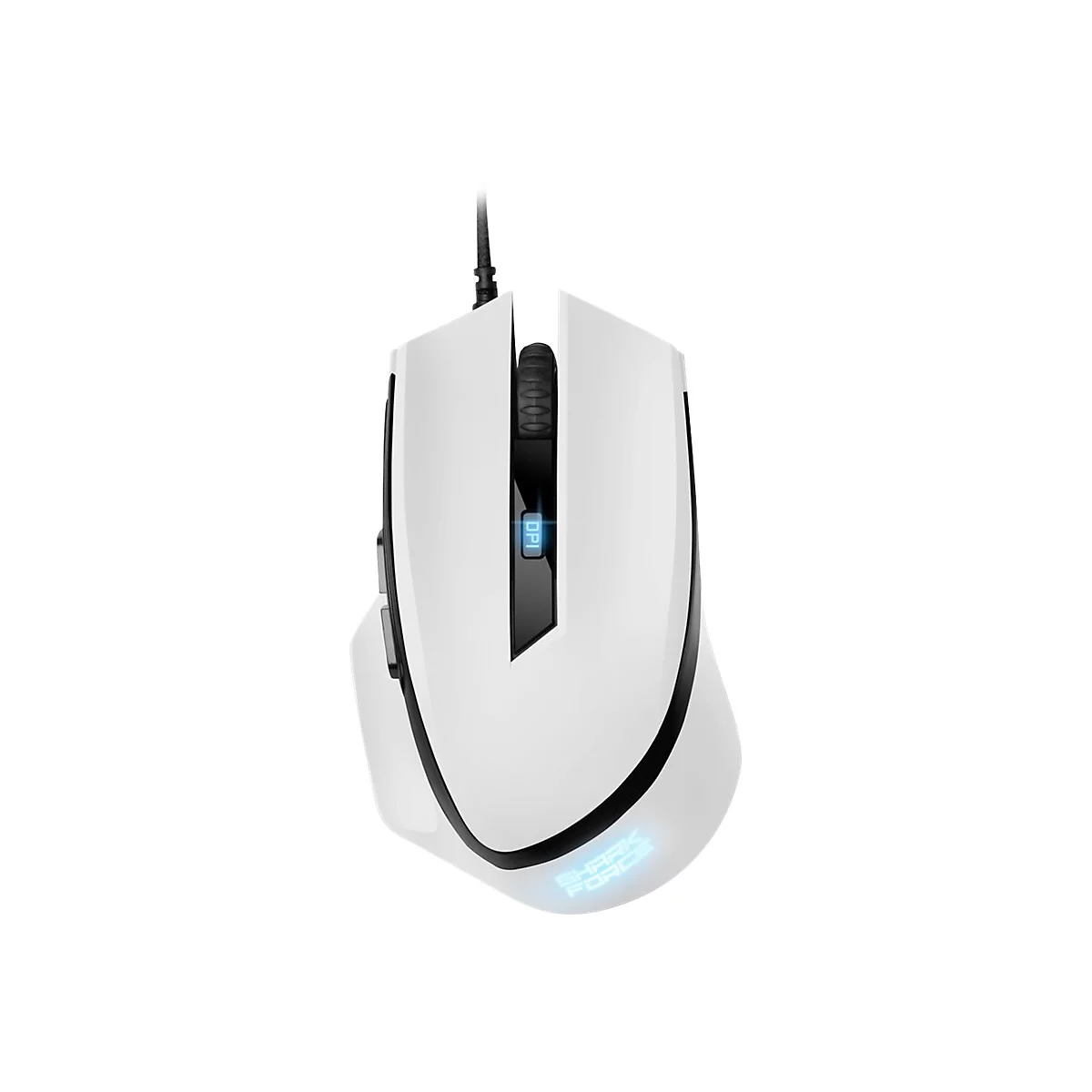 Weiße Gaming-Maus mit schwarzem Mausrad, DPI-Taste und beleuchtetem Sharkoon-Logo vor weißem Hintergrund.