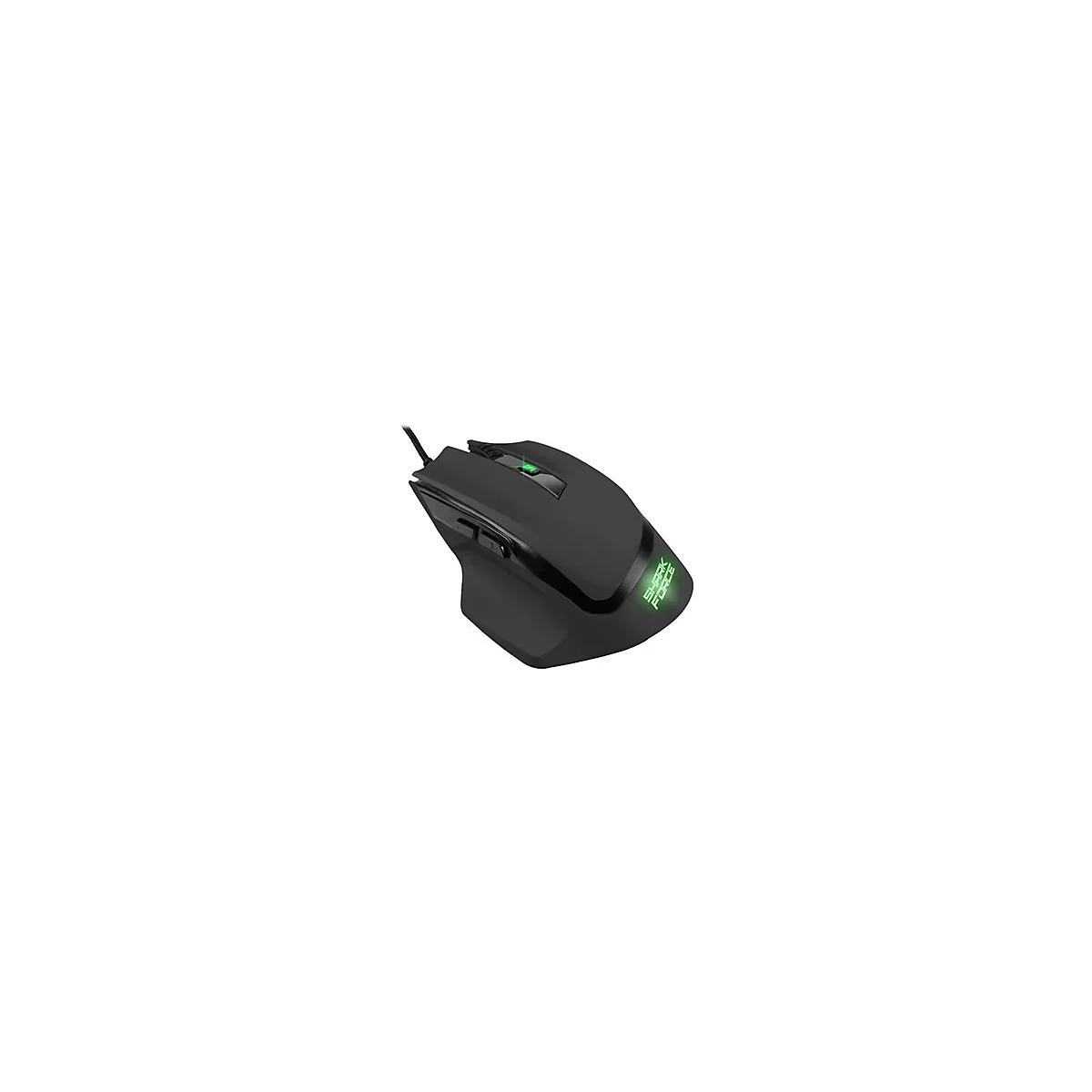 Schwarze Gaming-Maus mit grÃ¼nen Leuchtelementen. Auf der Maus ist SHARK FORCE zu lesen.