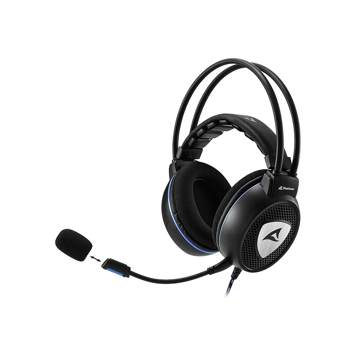 Schwarzes Gaming-Headset mit blauem Akzent, gepolstertem Bügel und abnehmbarem Mikrofon vor weißem Hintergrund.