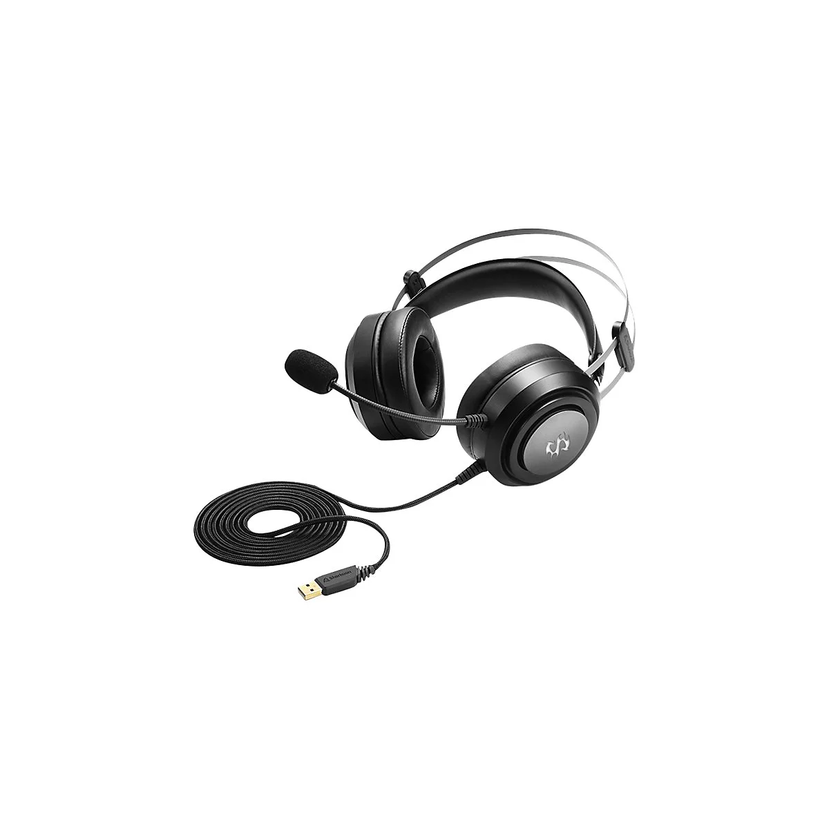 Schwarzes Gaming-Headset mit Mikrofon und langem USB-Kabel vor weißem Hintergrund.