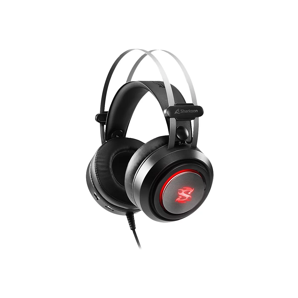 Schwarzes Sharkoon Gaming-Headset mit leuchtend rotem Logo auf den Ohrmuscheln und metallischem Bügel.