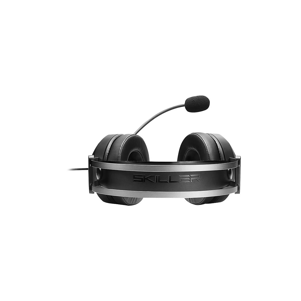 Schwarzes Gaming-Headset mit silbernem Bügel und Schriftzug SKILLER vor weißem Hintergrund.