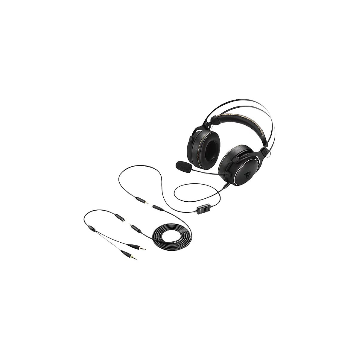 Schwarzes Gaming-Headset mit Mikrofon und Kabeln, Blickwinkel von oben. Auf hellem Hintergrund.