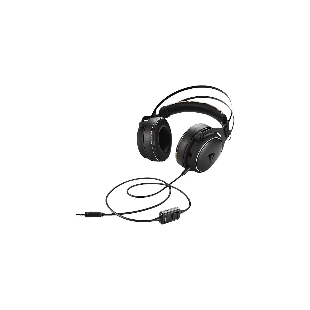 Schwarzes Gaming-Headset mit Kabelfernbedienung und gelben Ziernähten vor weißem Hintergrund.
