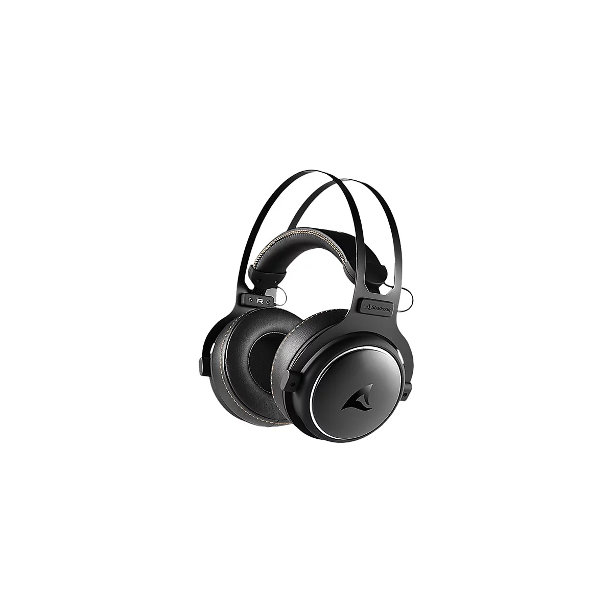Schwarzes Sharkoon Gaming-Headset mit Ohrpolstern aus Kunstleder und dünnem Kopfbügel vor weißem Hintergrund.