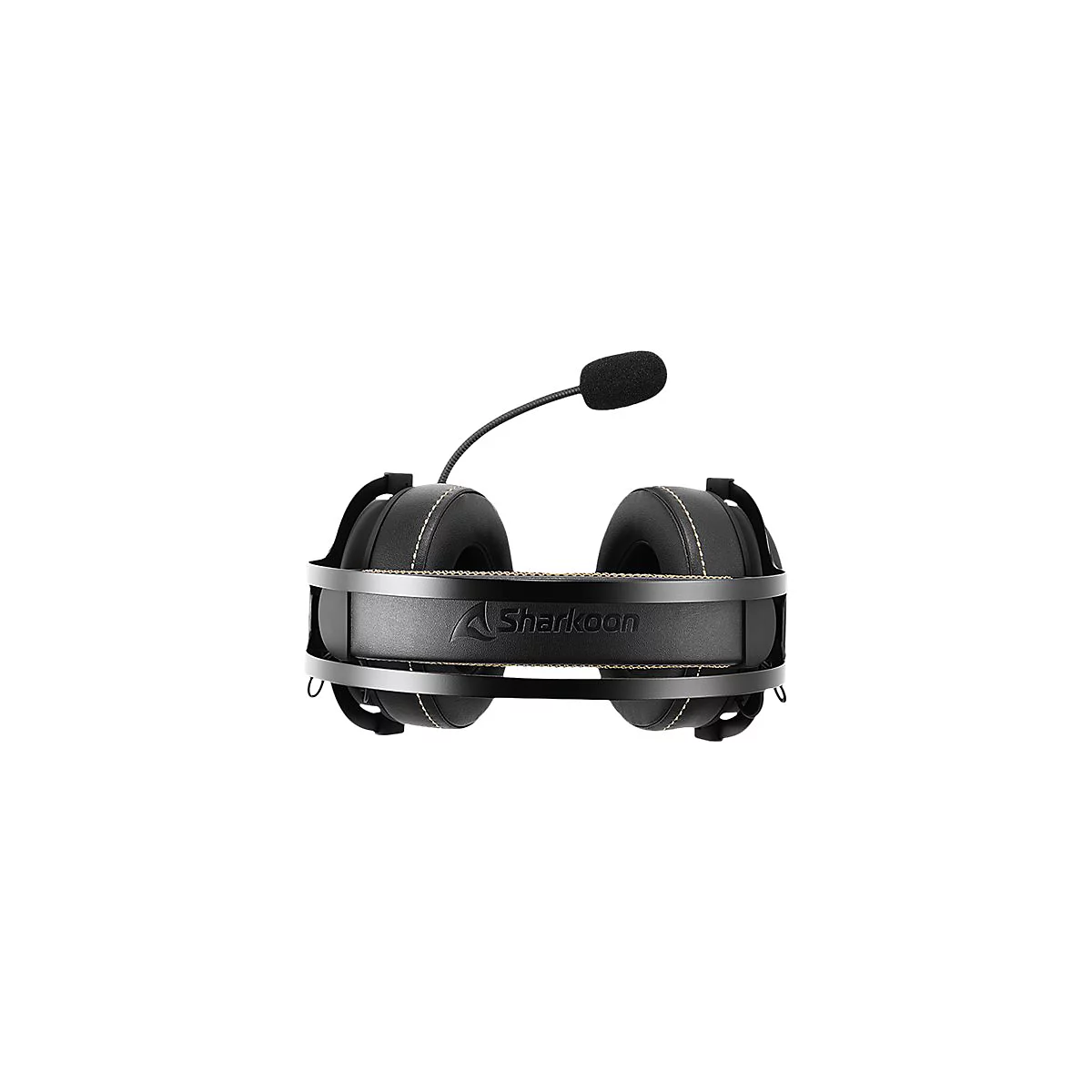 Schwarzes Sharkoon Gaming-Headset mit Kopfbügel, Ohrmuscheln aus Lederimitat und Mikrofon vor weißem Hintergrund.