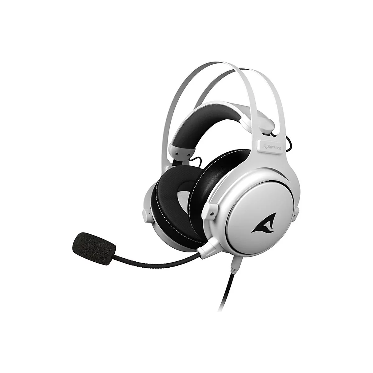 Weißes Gaming-Headset mit schwarzem Mikrofon und Ohrmuscheln auf weißem Hintergrund.