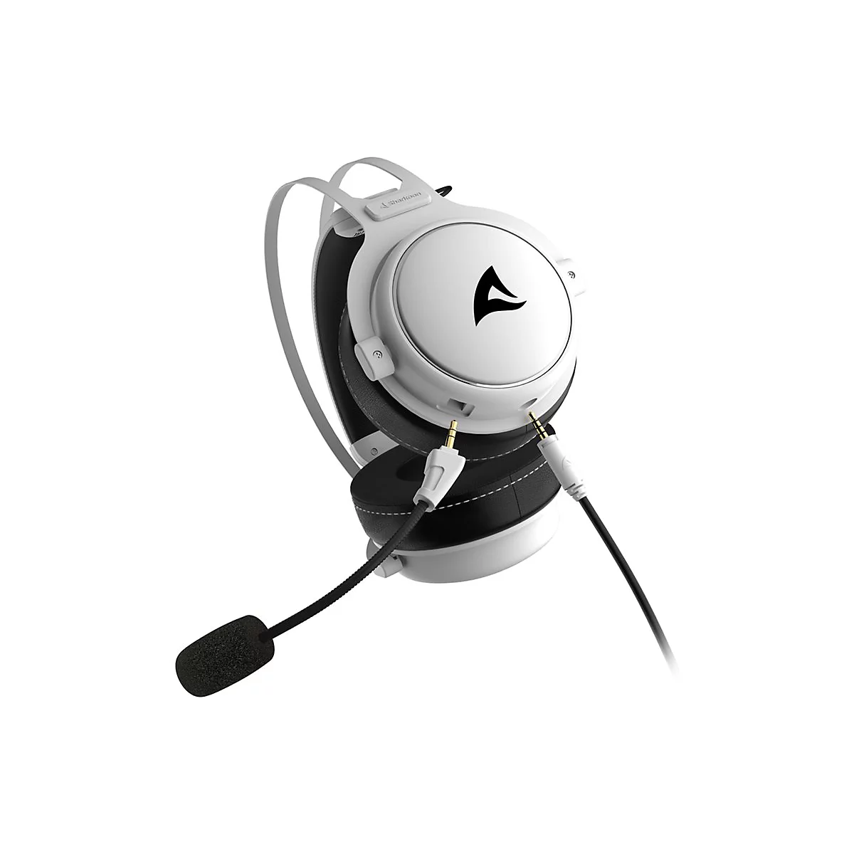 Weißes Gaming-Headset mit schwarzem Mikrofon und Kabeln vor weißem Hintergrund.