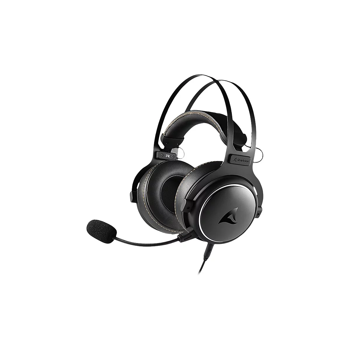 Schwarzes Sharkoon Gaming-Headset mit Ohrpolstern aus Kunstleder und biegsamem Mikrofon vor weißem Hintergrund.