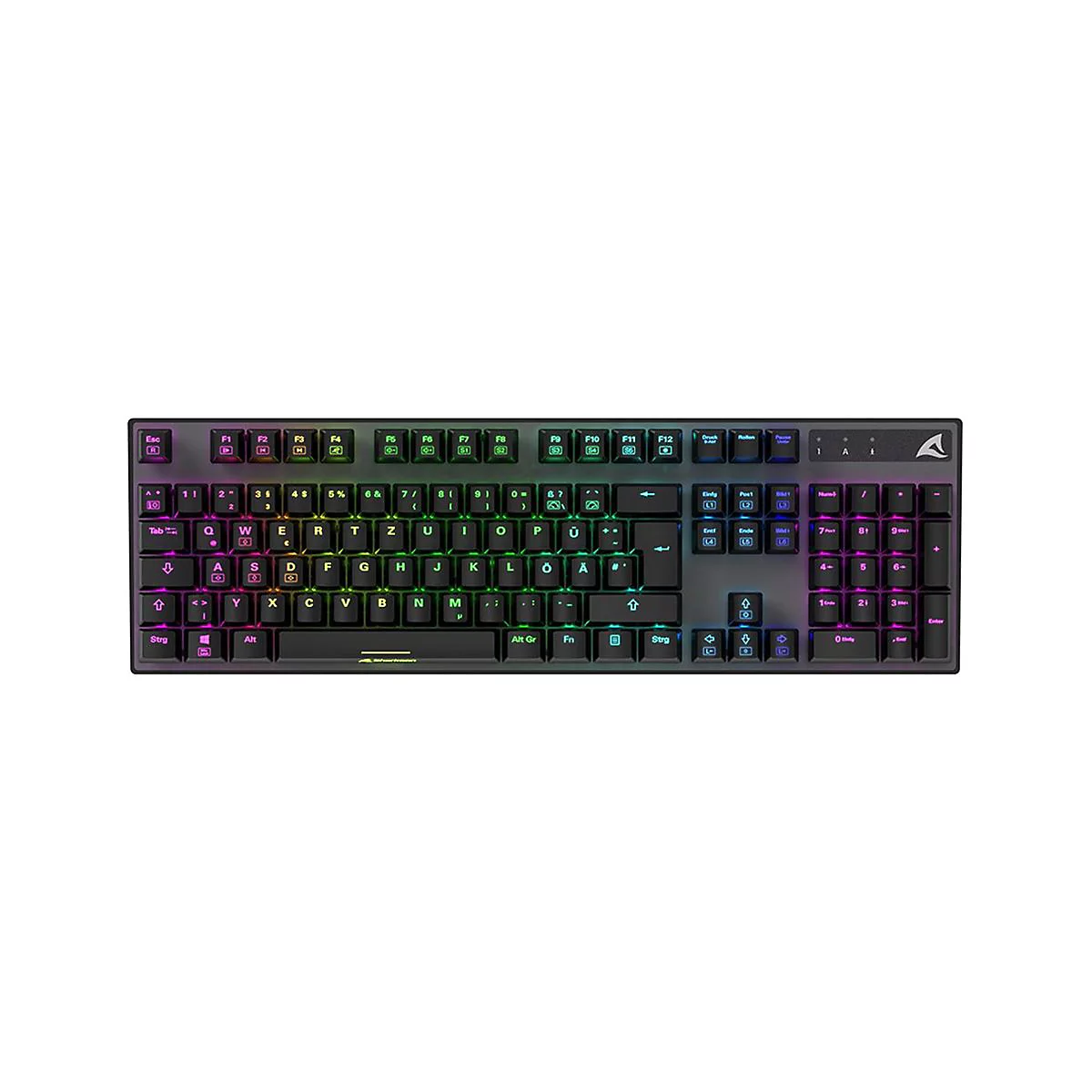 Schwarze Gaming-Tastatur mit RGB-Beleuchtung und deutschem QWERTZ-Layout vor weißem Hintergrund.