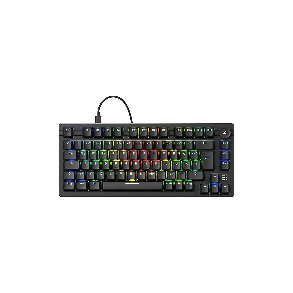 Schwarze mechanische Gaming-Tastatur mit QWERTZ-Layout und bunter RGB-Hintergrundbeleuchtung auf weißem Hintergrund.