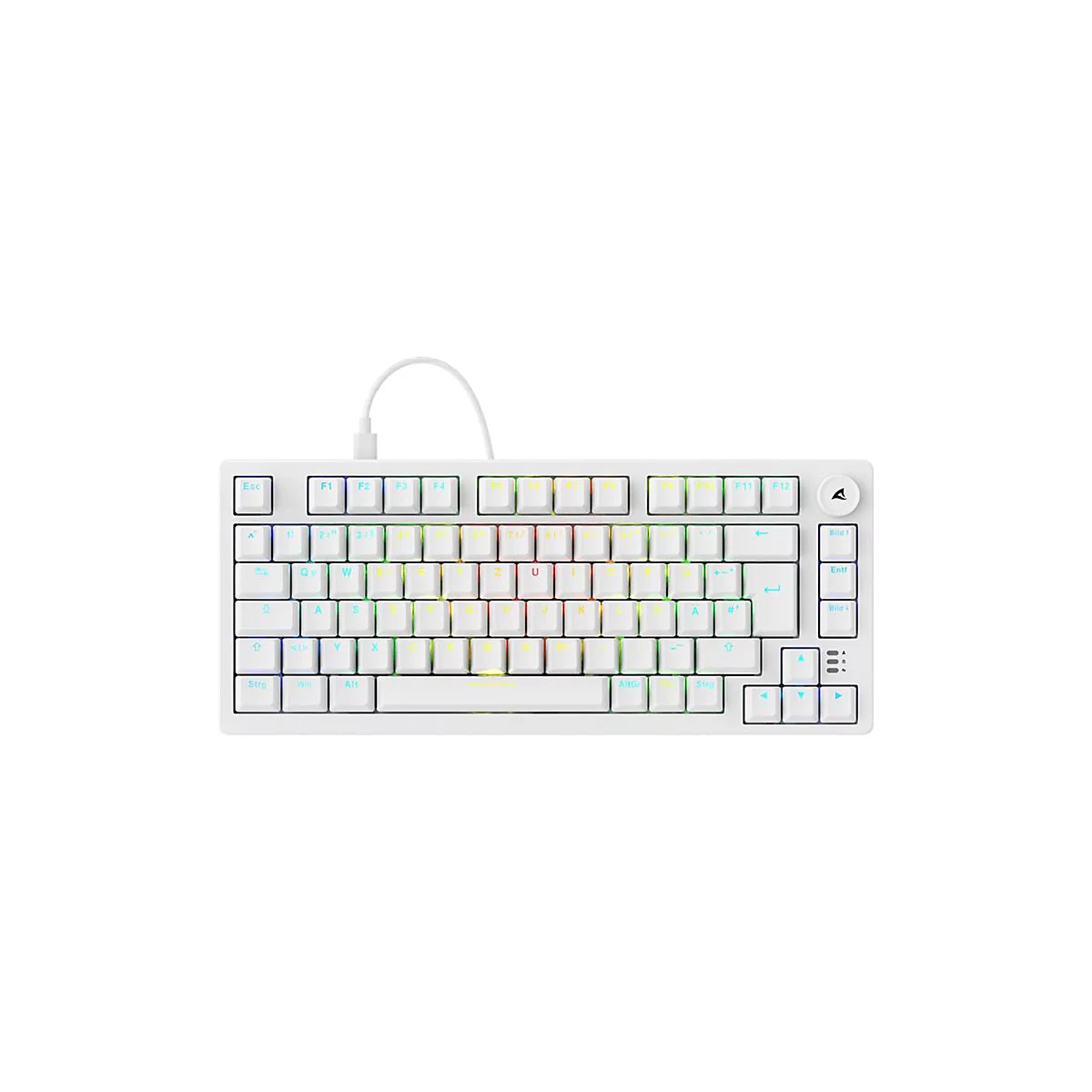 Weiße mechanische Tastatur im kompakten TKL-Layout mit RGB-Beleuchtung vor weißem Hintergrund.