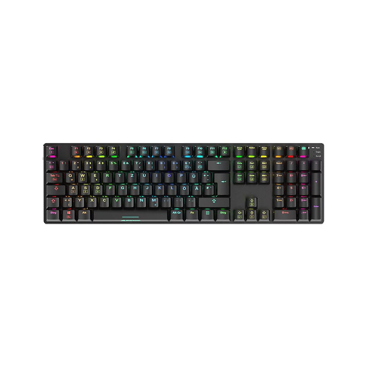 Schwarze Gaming-Tastatur mit QWERTZ-Layout und bunter RGB-Beleuchtung vor weißem Hintergrund.