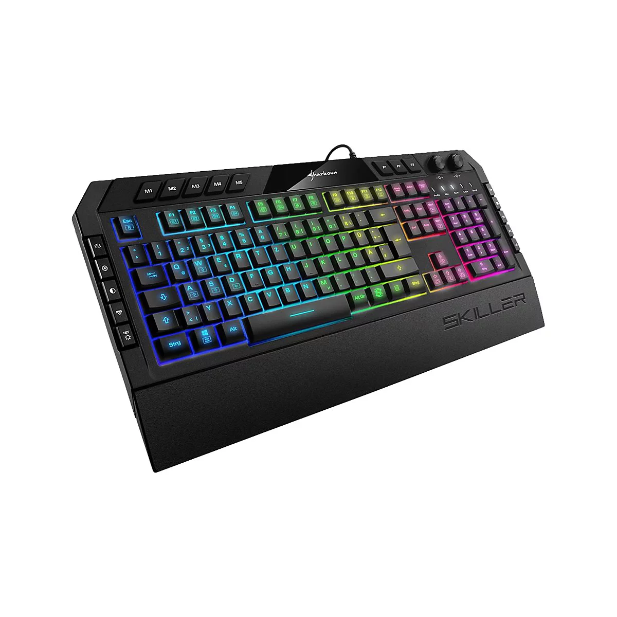 Schwarze Sharkoon Gaming-Tastatur Skiller mit RGB-Beleuchtung und integrierter Handballenauflage vor weißem Hintergrund.