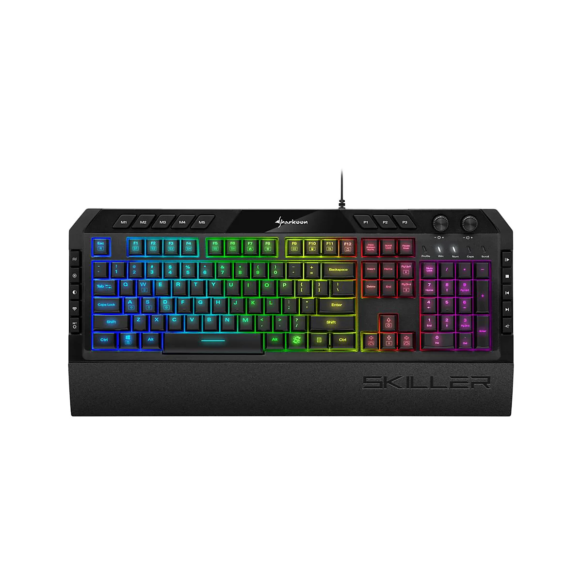 Schwarze Sharkoon Gaming-Tastatur mit bunter RGB-Beleuchtung und integrierter Handballenauflage vor weißem Hintergrund.