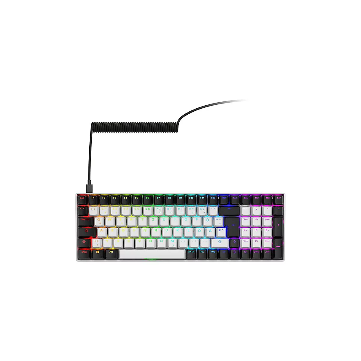 Kompakte Gaming-Tastatur mit weiß-schwarzen Tasten und bunter RGB-Beleuchtung vor weißem Hintergrund.