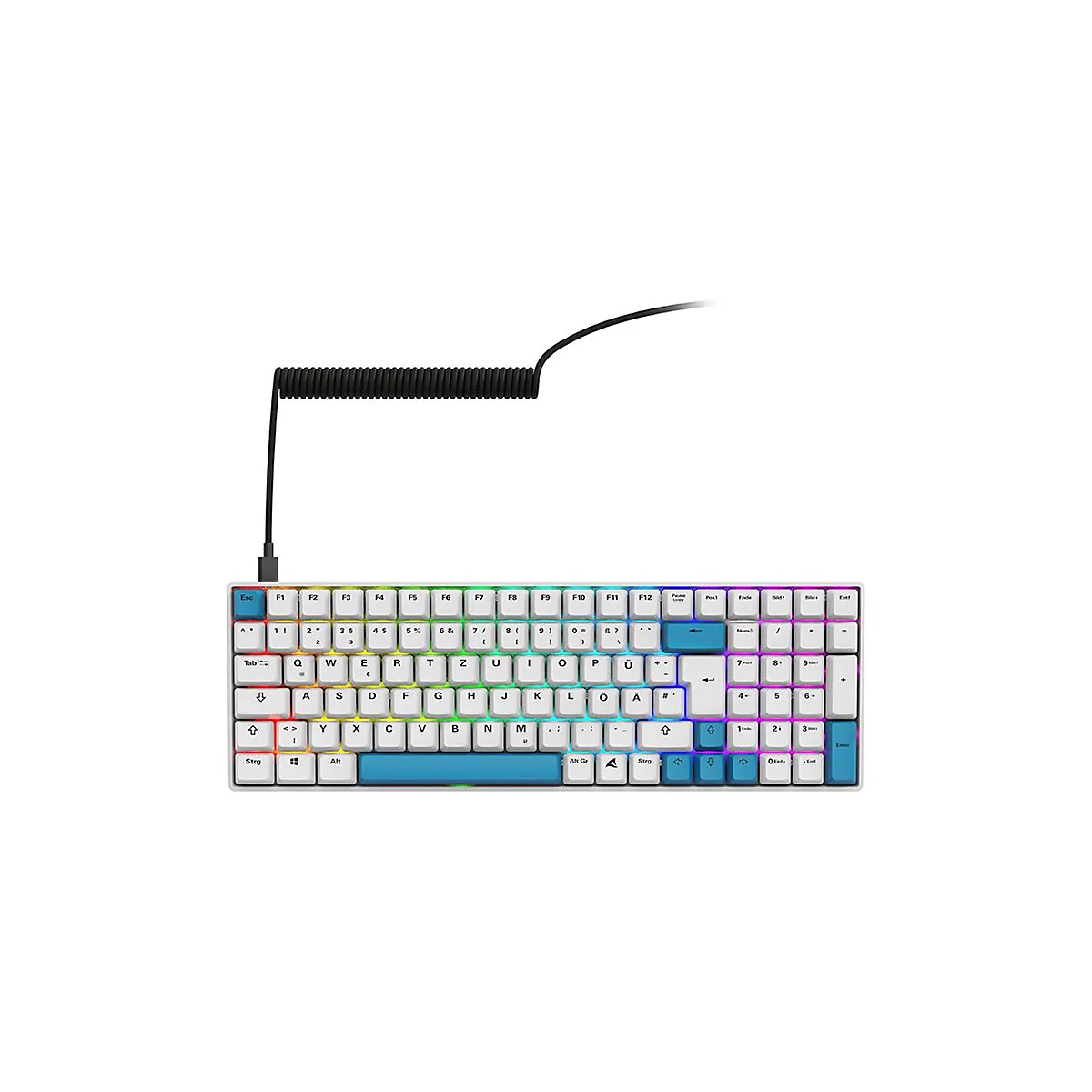 Kompakte mechanische Tastatur mit weißem Gehäuse, RGB-Beleuchtung, blauen Akzenttasten und Spiralkabel.