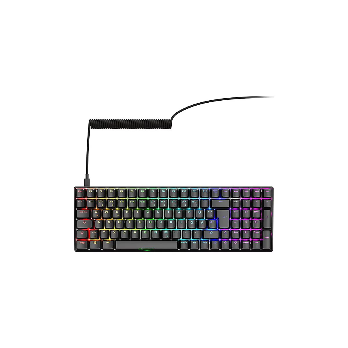 Schwarze mechanische Gaming-Tastatur mit RGB-Beleuchtung und Spiralkabel vor weißem Hintergrund.