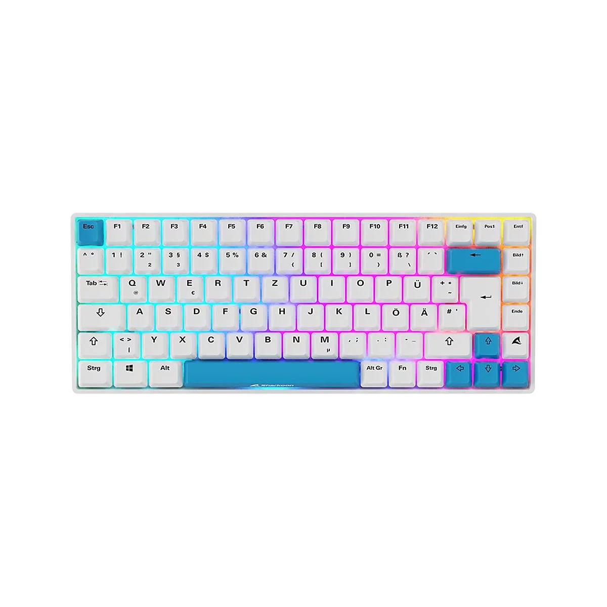 Kompakte weiße mechanische Tastatur mit hellblauen Akzenttasten und farbenfroher RGB-Hintergrundbeleuchtung.