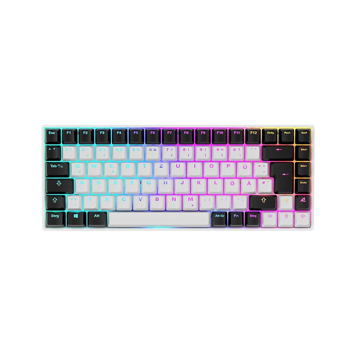 Kompakte mechanische Tastatur mit deutschem Layout, weiß-schwarzen Tasten und bunter RGB-Beleuchtung.