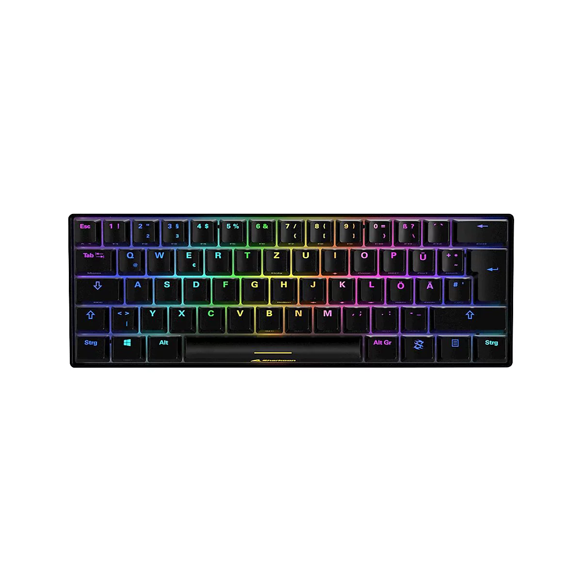 Kompakte schwarze Gaming-Tastatur mit QWERTZ-Layout und bunter Regenbogen-Tastenbeleuchtung auf weißem Hintergrund.