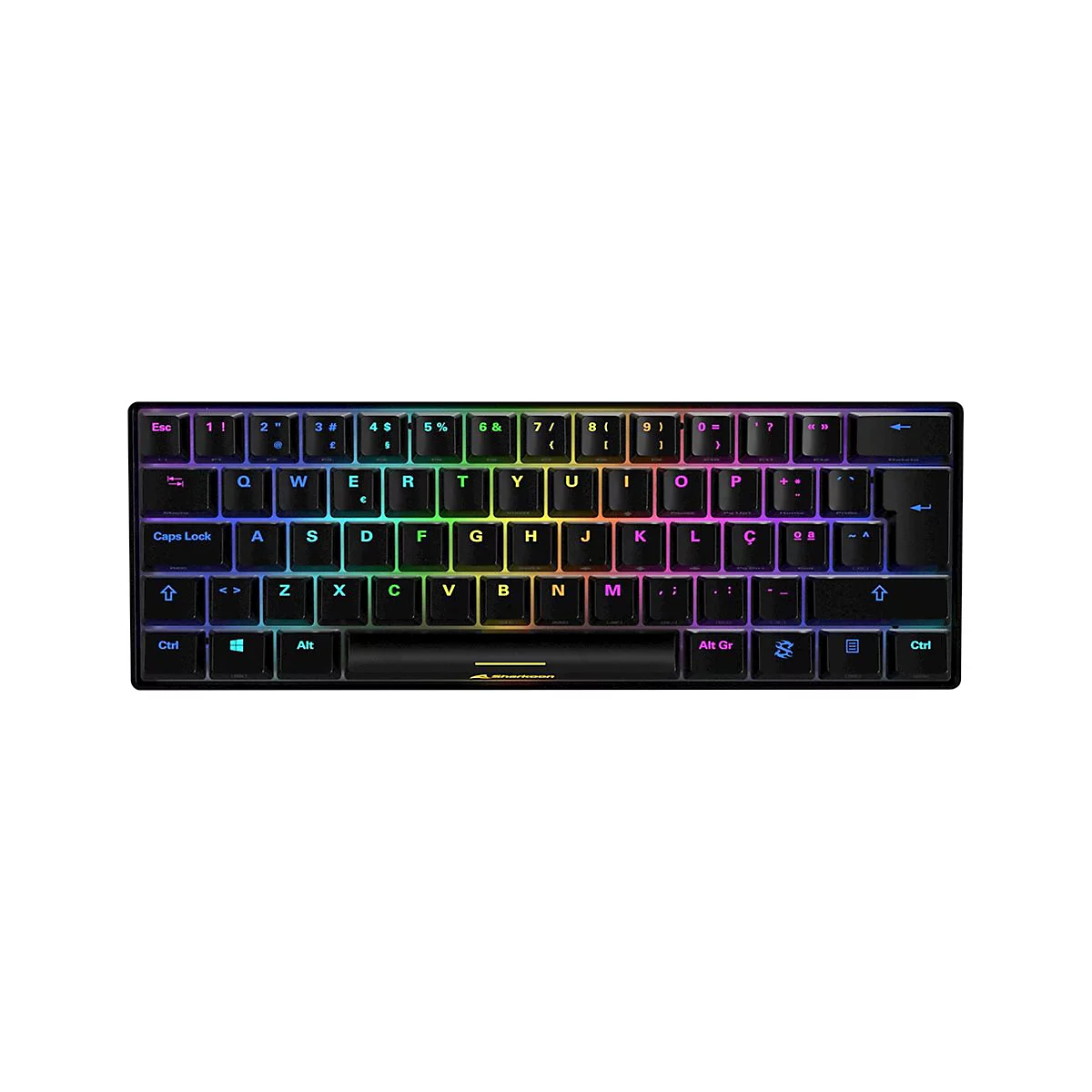 Kompakte schwarze Gaming-Tastatur mit RGB-Beleuchtung und Sharkoon-Logo auf schwarzem Hintergrund.