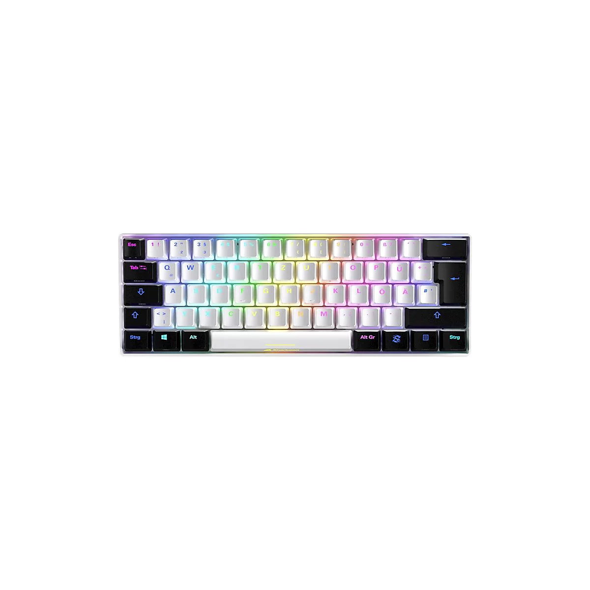 Kompakte Gaming-Tastatur mit weißem Gehäuse, schwarzen Randtasten und regenbogenfarbener RGB-Beleuchtung.