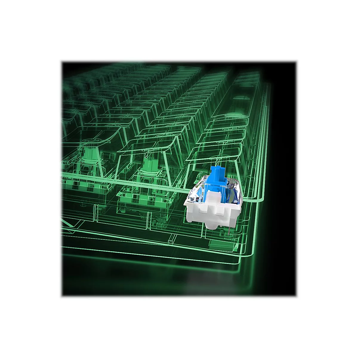 Ein einzelner blauer mechanischer Tastaturschalter vor einem grünen, schemenhaften Drahtgittermodell einer Tastatur.