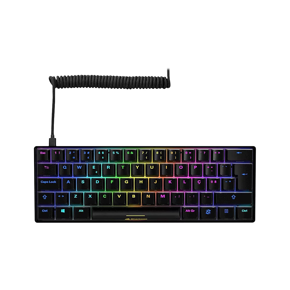 Kompakte schwarze Gaming-Tastatur mit RGB-Beleuchtung und einem gewickelten USB-Kabel auf weißem Hintergrund.