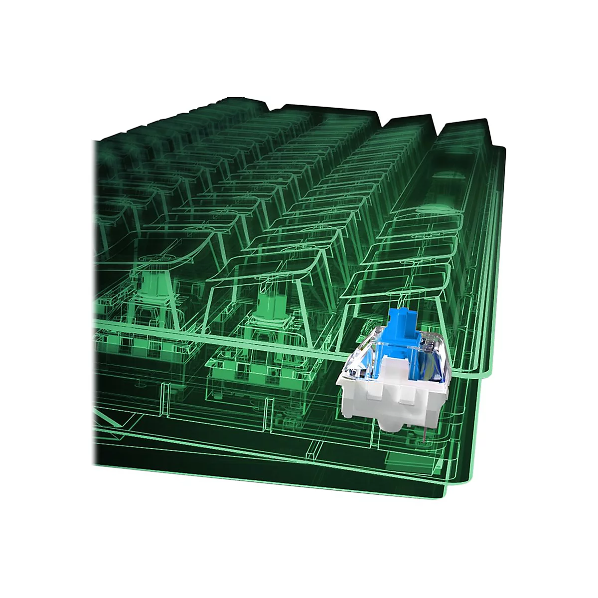 Blauer mechanischer Tastaturschalter vor einer transparenten, grünen Gittergrafik eines Tastaturlayouts.