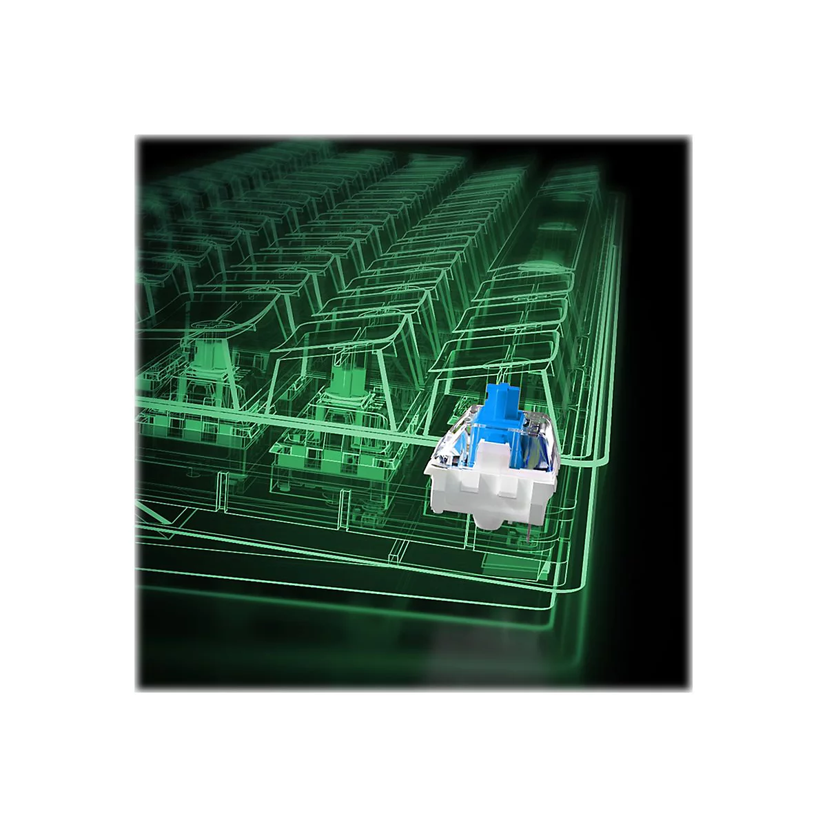 Ein blauer mechanischer Tastaturschalter wird vor einem grünen, transparenten Drahtgittermodell einer Tastatur hervorgehoben.