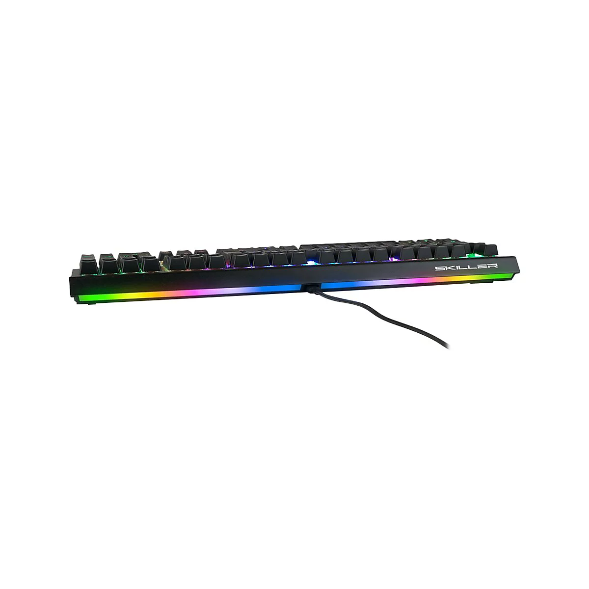 Schwarze Gaming-Tastatur mit mehrfarbiger Beleuchtung, Kabel und "SKILLER"-Schriftzug.
