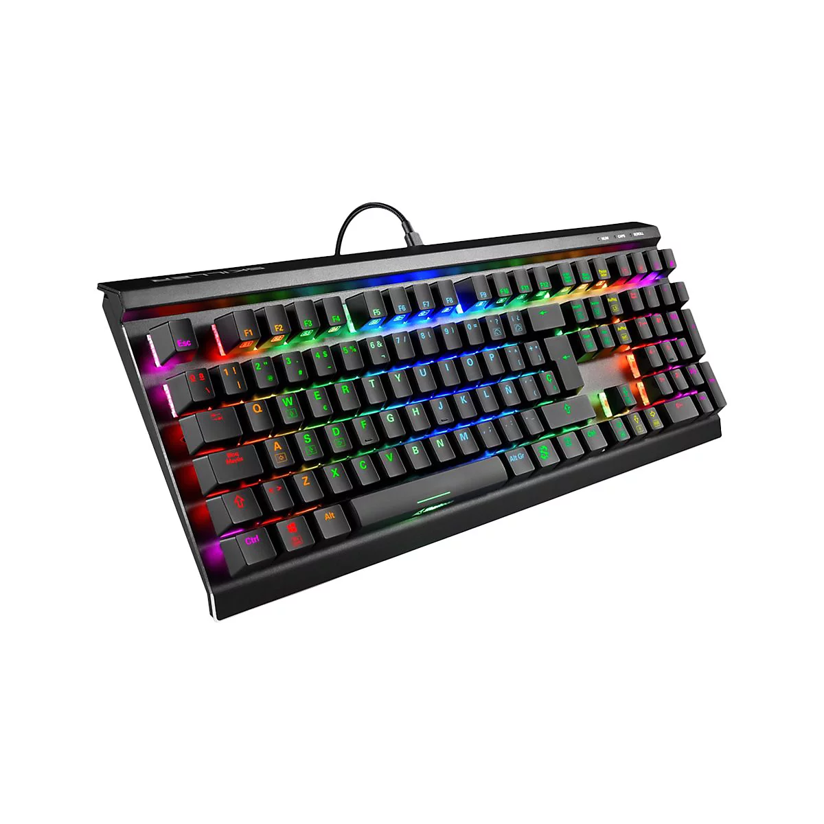 Schwarze Gaming-Tastatur mit RGB-Beleuchtung, Tasten mit weißen Buchstaben. Ein Kabel ist oben angeschlossen.