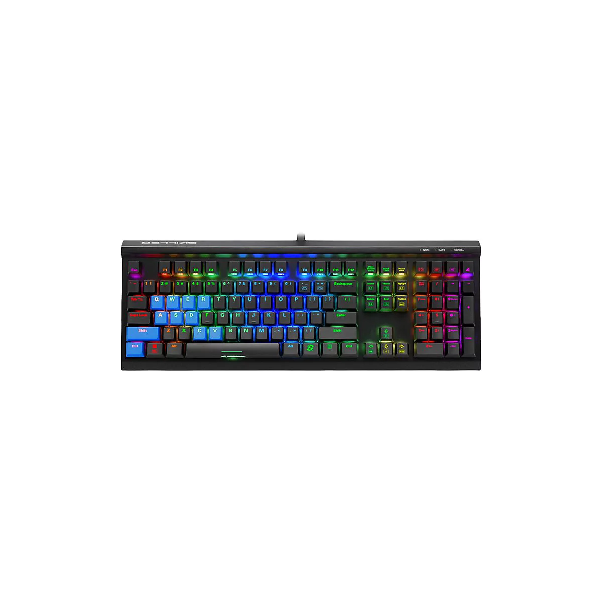 Schwarze Gaming-Tastatur mit RGB-Beleuchtung. Die Tasten sind in verschiedenen Farben beleuchtet. Oben steht "SKILLER".