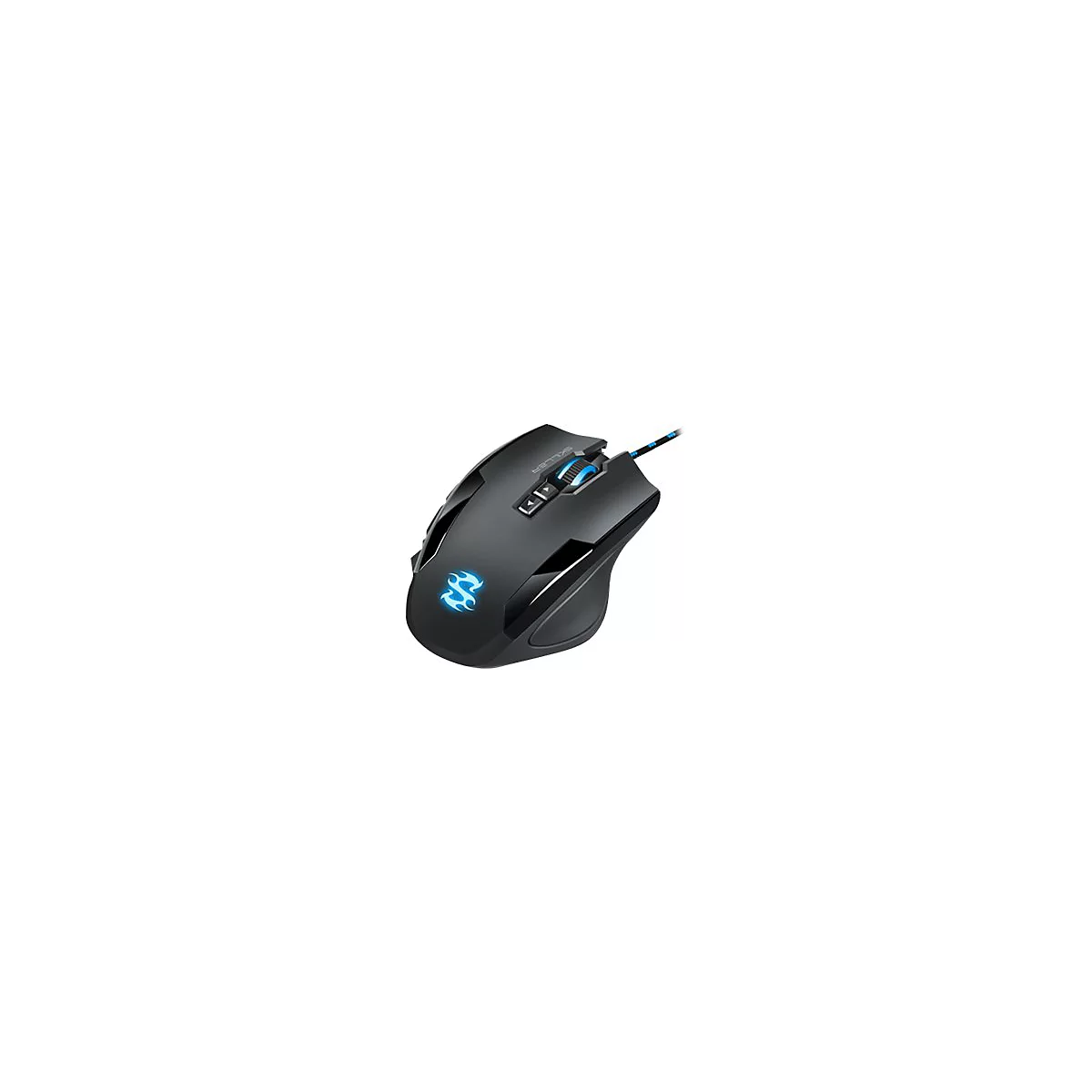 Schwarze Gaming-Maus mit blauer LED-Beleuchtung vor weißem Hintergrund.