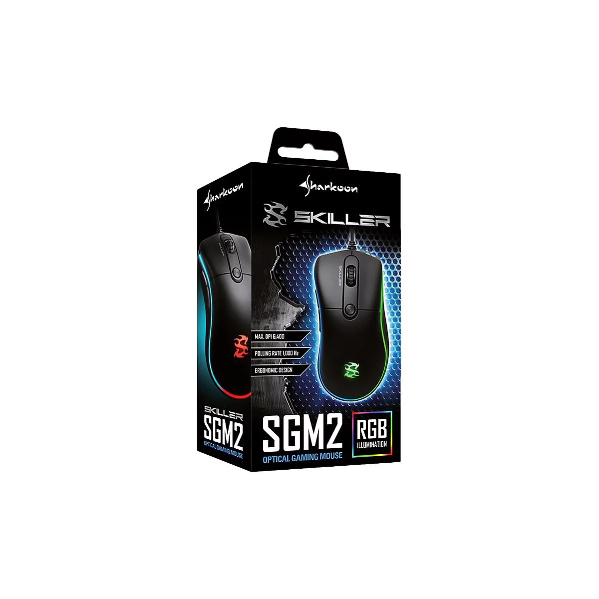 Verpackung einer schwarzen Sharkoon Skiller SGM2 Gaming-Maus. Die Maus ist in RGB-Farben beleuchtet.