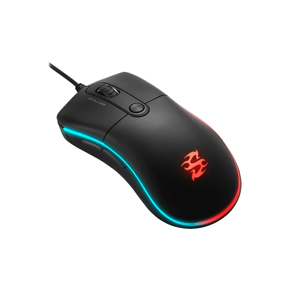 Schwarze Gaming-Maus mit RGB-Beleuchtung. Ein Flammenlogo leuchtet rot.