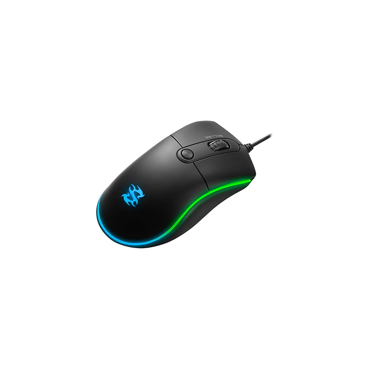 Schwarze Gaming-Maus mit blauer, grÃ¼ner Beleuchtung und Kabel. Logo auf der linken Seite. Scrollrad und Tasten.