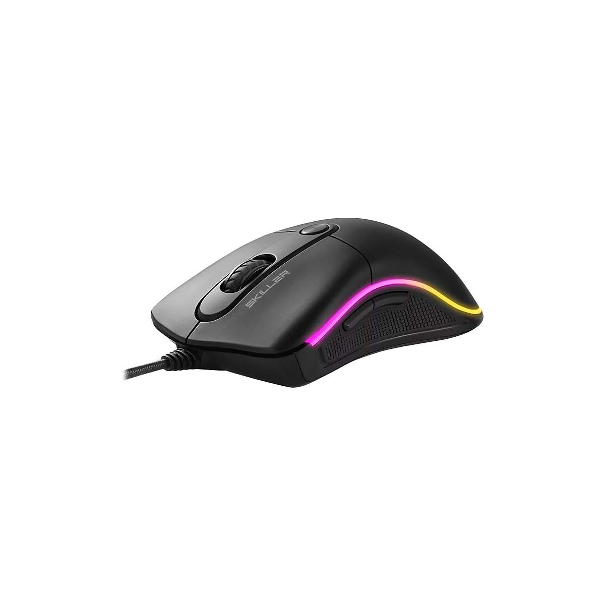 Schwarze Gaming-Maus mit RGB-Beleuchtung. Auf der Oberseite sind eine Taste und ein Scrollrad zu sehen.
