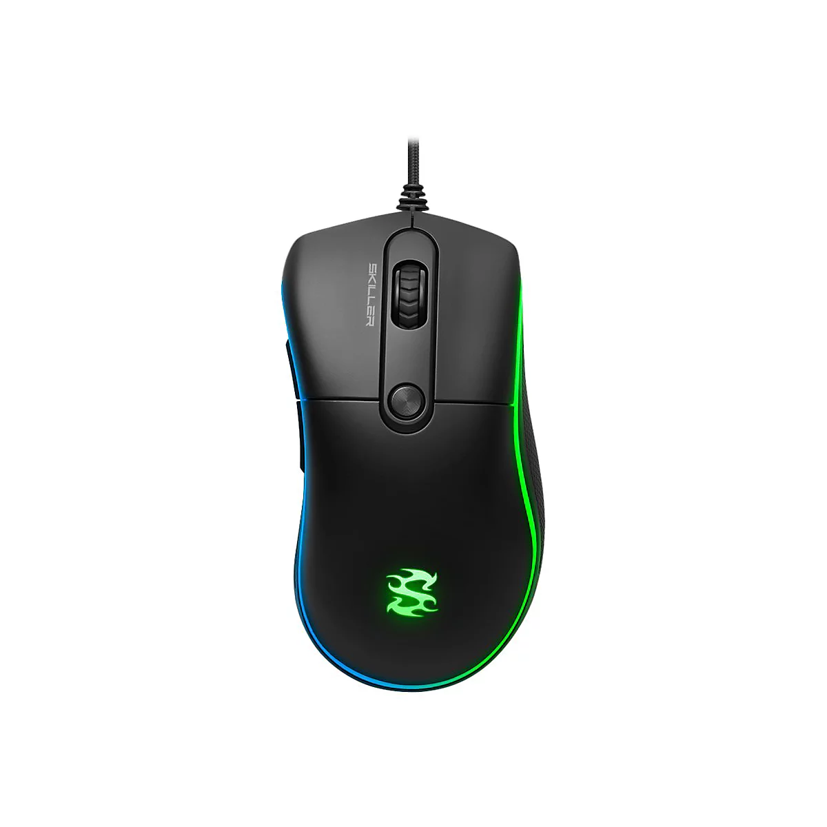 Schwarze Gaming-Maus mit grÃ¼ner und blauer LED-Beleuchtung. Oben steht SKILLER.