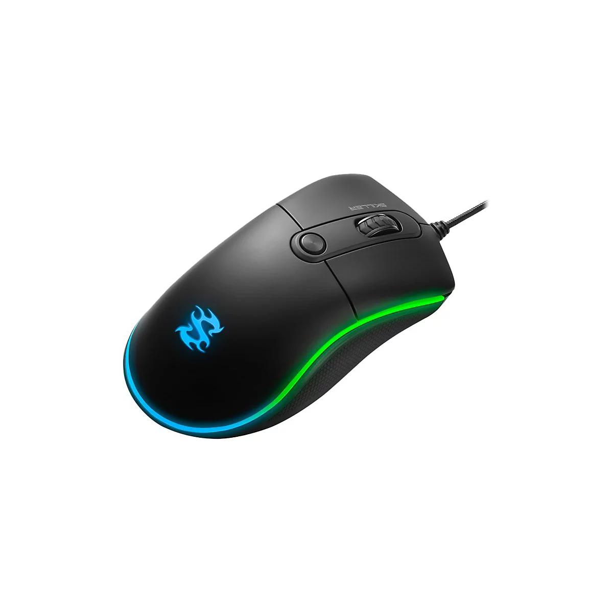Schwarze Gaming-Maus mit blau-grÃ¼ner LED-Beleuchtung, Logo und Kabel.