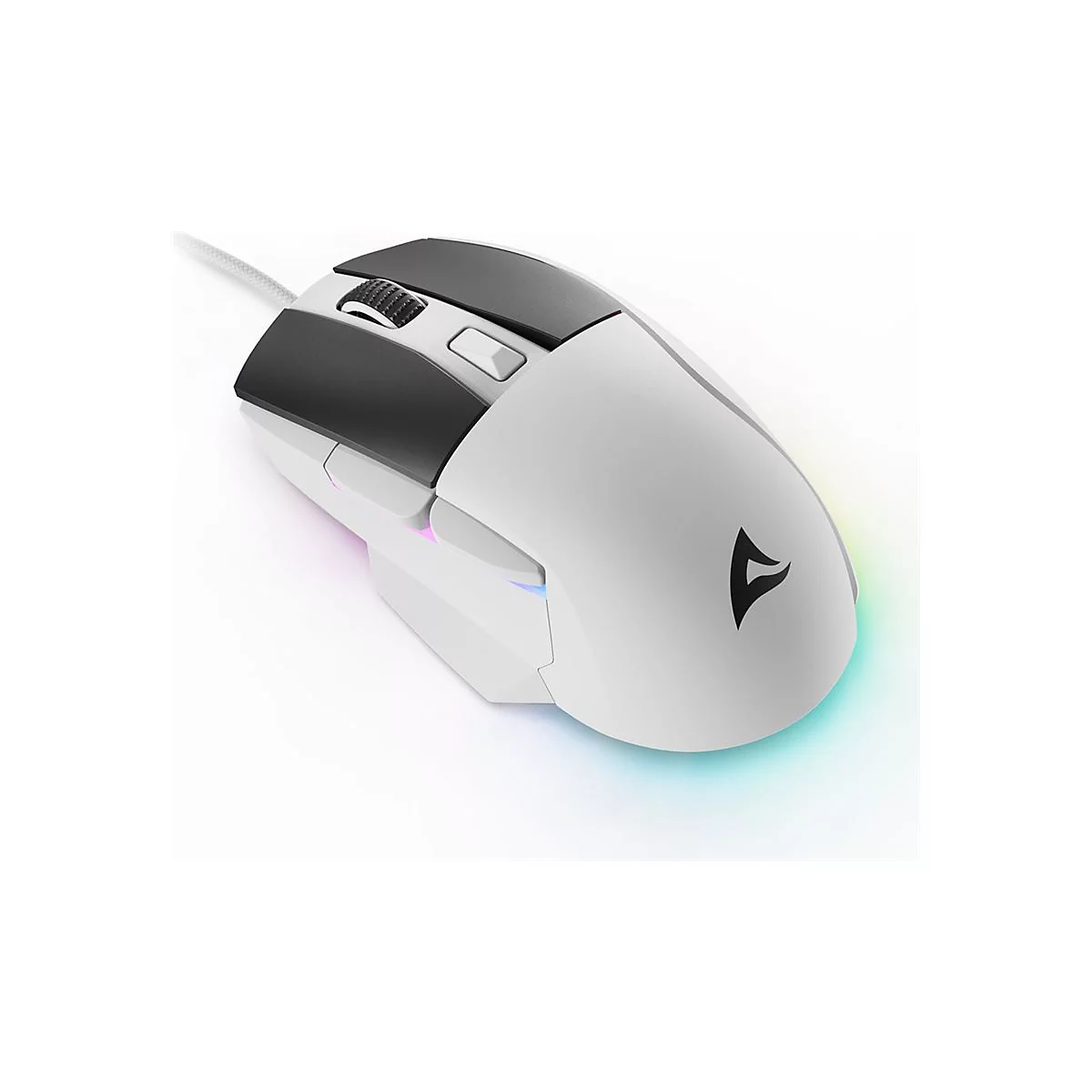 Weiße Gaming-Maus mit schwarzem Mausrad und Tasten sowie RGB-Beleuchtung vor weißem Hintergrund.
